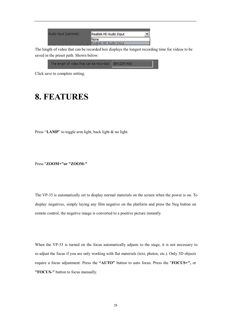 Features, Light, Zoom in and zoom out | Positive/negative conversion, Focus adjustment | Hamilton Buhl VP-35 User Manual | Page 28 / 32