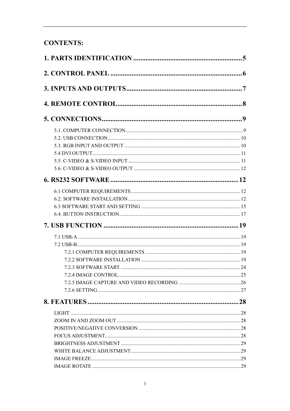 Contents: 1. parts identification, Control panel, Inputs and outputs | Remote control, Connections, Rs232 software, Usb function, Features | Hamilton Buhl VP-35 User Manual | Page 3 / 32