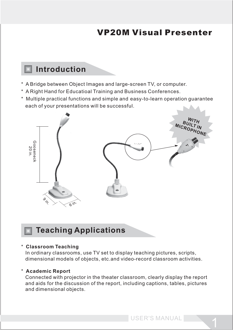 Vp20m visual presenter, Introduction teaching applications | Hamilton Buhl VP20M User Manual | Page 2 / 7