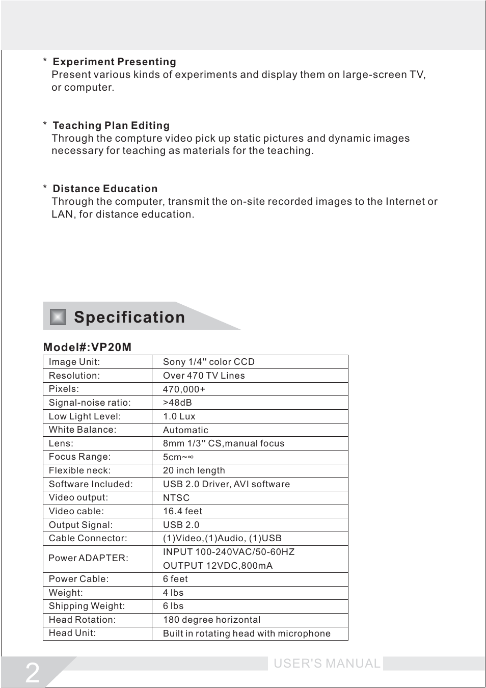 Specification, User's manual | Hamilton Buhl VP20M User Manual | Page 3 / 7