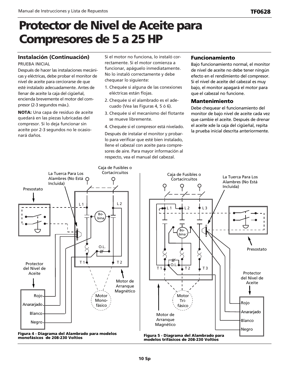 Tf0628, Instalación (continuación), Funcionamiento | Mantenimiento | Campbell Hausfeld LOW OIL GUARD TF0628 User Manual | Page 10 / 12