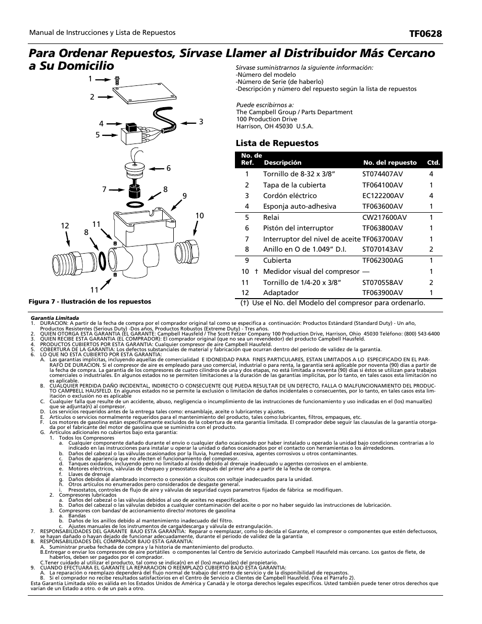 Tf0628, Lista de repuestos | Campbell Hausfeld LOW OIL GUARD TF0628 User Manual | Page 12 / 12