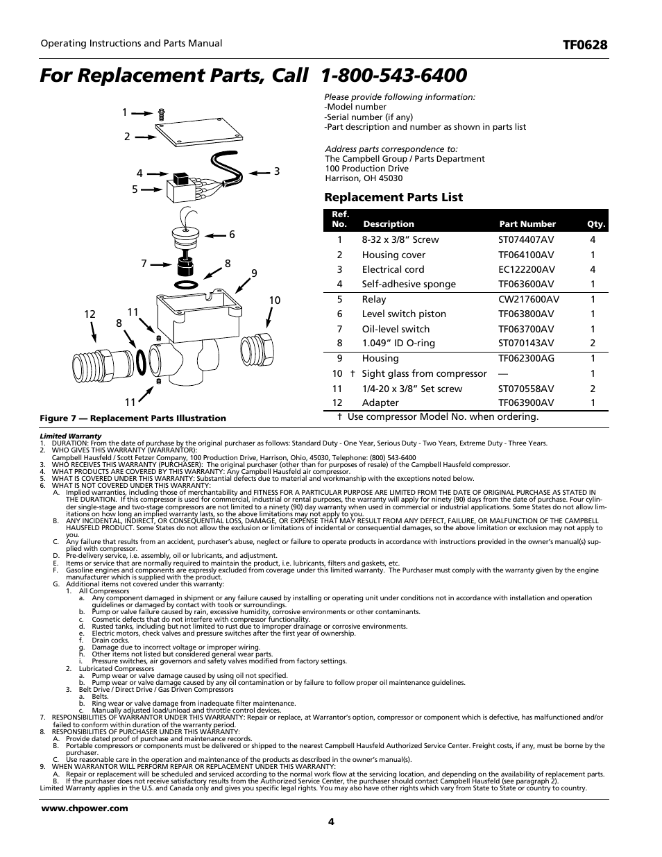 Tf0628, Replacement parts list | Campbell Hausfeld LOW OIL GUARD TF0628 User Manual | Page 4 / 12