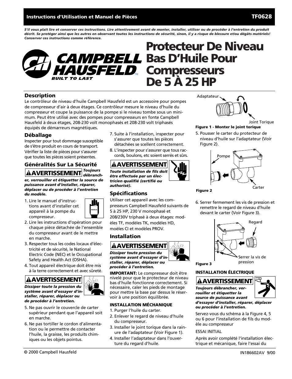 Avertissement, Tf0628 | Campbell Hausfeld LOW OIL GUARD TF0628 User Manual | Page 5 / 12