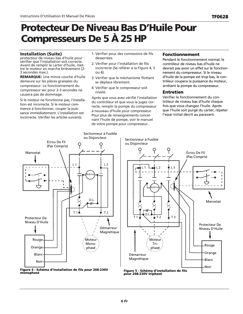 Tf0628, Installation (suite), Fonctionnement | Entretien | Campbell Hausfeld LOW OIL GUARD TF0628 User Manual | Page 6 / 12