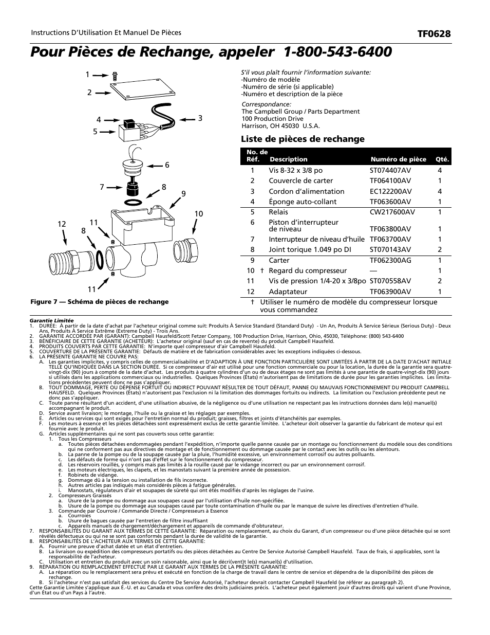 Tf0628, Liste de pièces de rechange | Campbell Hausfeld LOW OIL GUARD TF0628 User Manual | Page 8 / 12