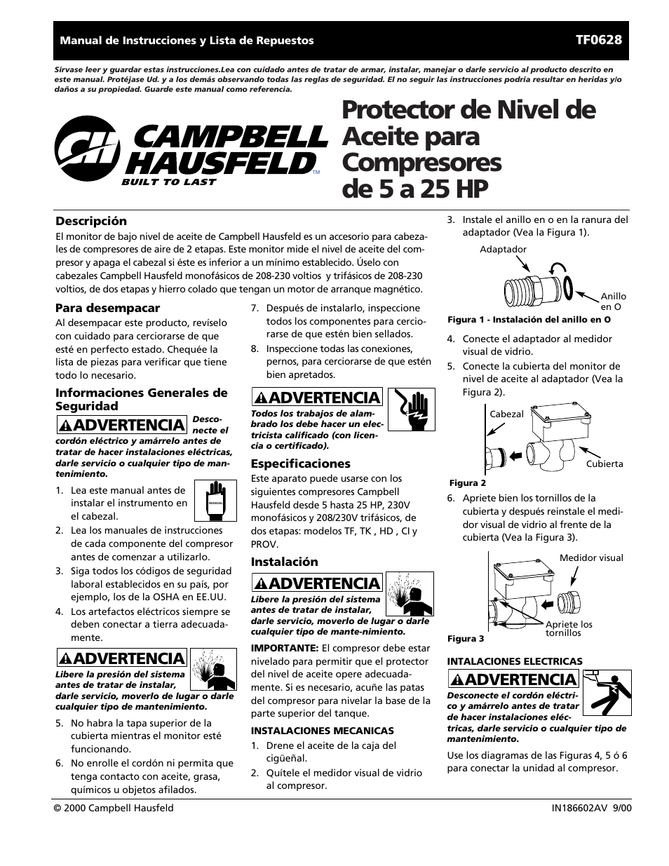 Advertencia | Campbell Hausfeld LOW OIL GUARD TF0628 User Manual | Page 9 / 12