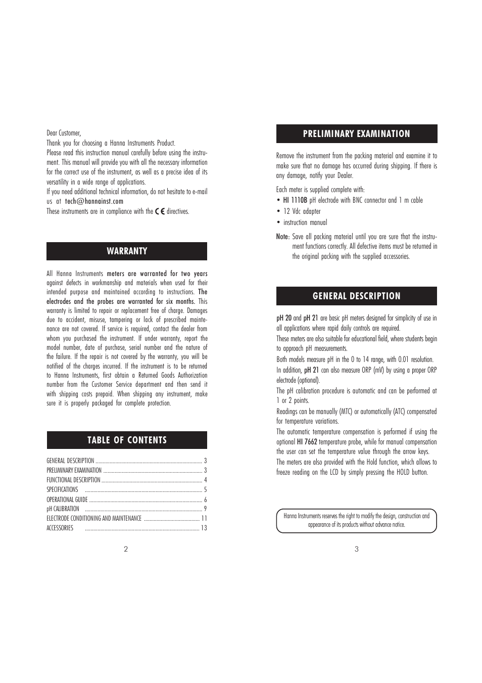 Hanna Instruments pH 20 User Manual | Page 2 / 9