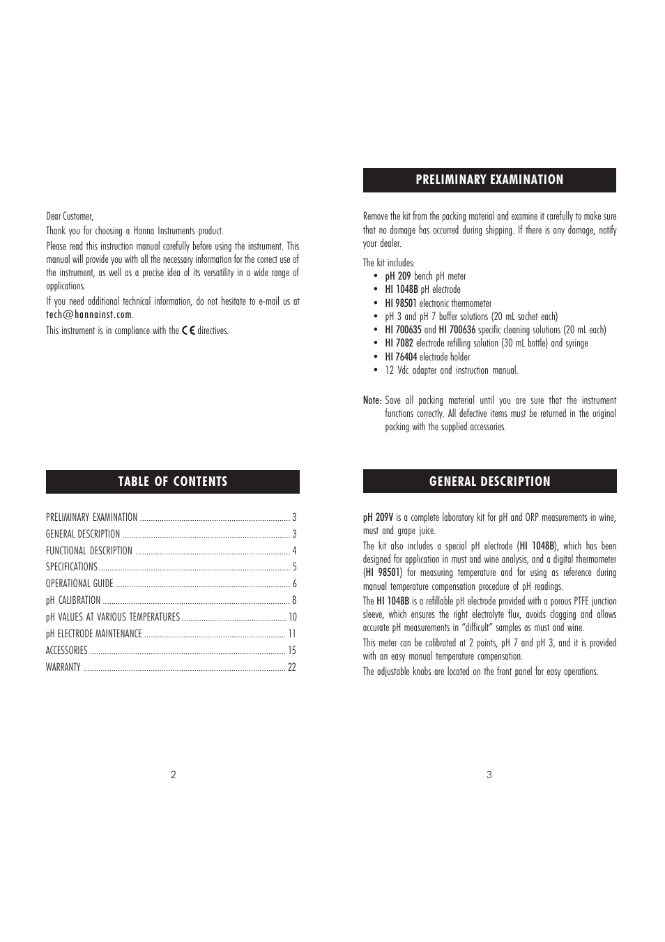 Hanna Instruments pH 209V User Manual | Page 2 / 9