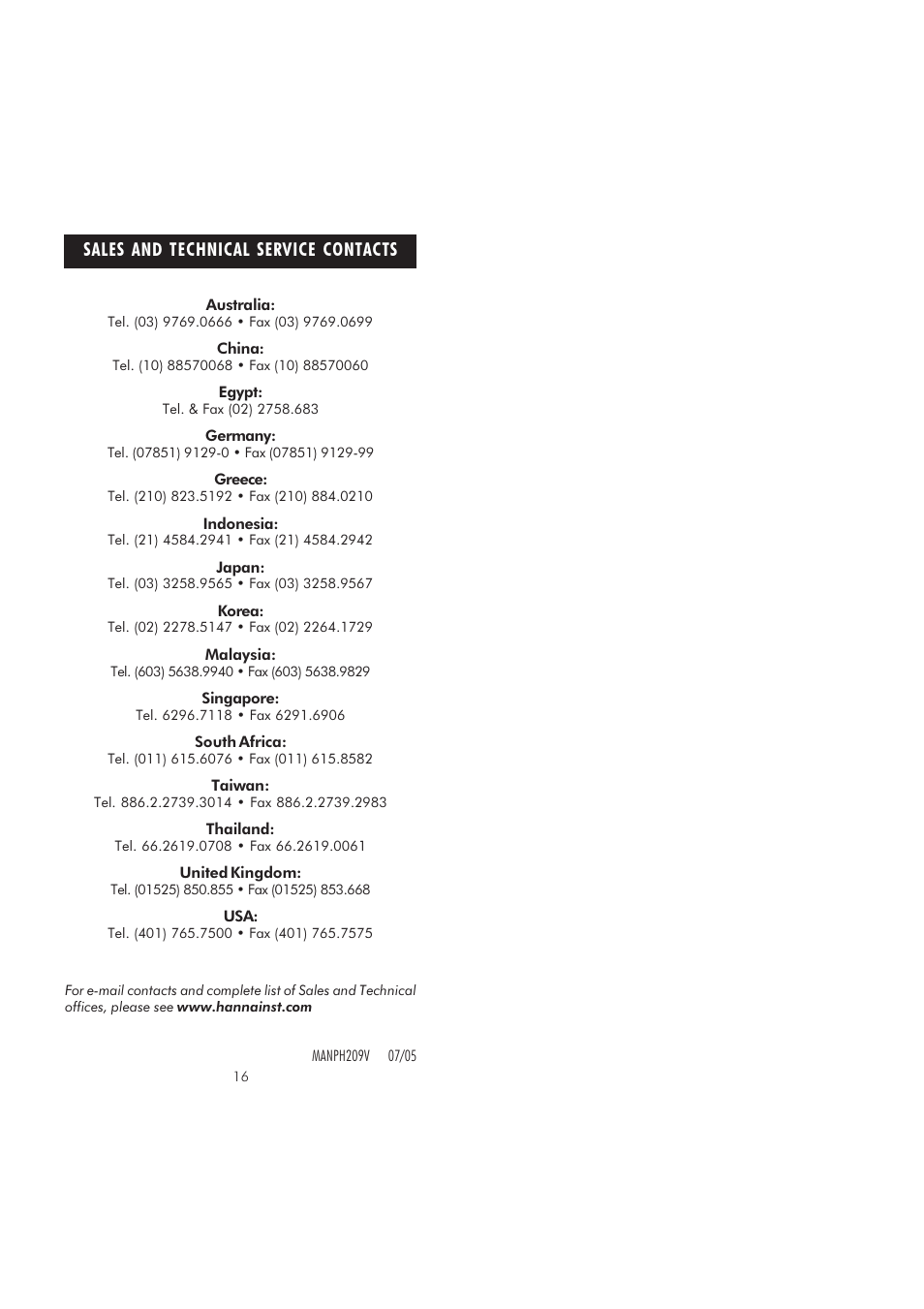 Sales and technical service contacts | Hanna Instruments pH 209V User Manual | Page 9 / 9