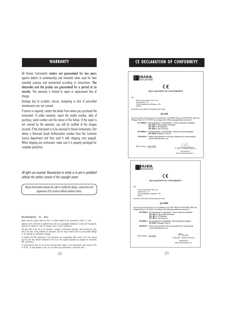 Ce declaration of conformity, Warranty | Hanna Instruments pH 209 User Manual | Page 12 / 13