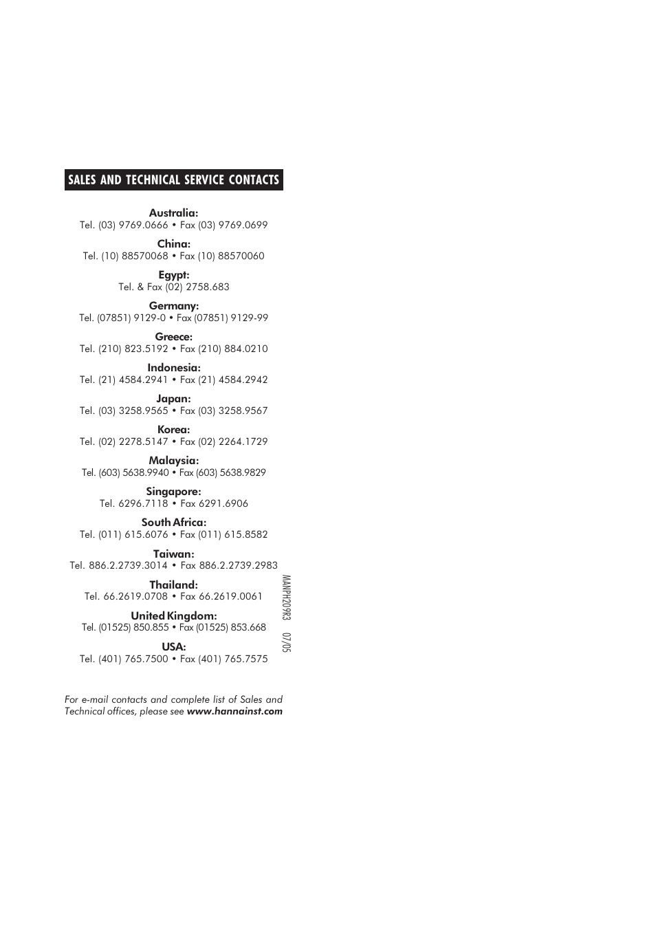 Sales and technical service contacts | Hanna Instruments pH 209 User Manual | Page 13 / 13