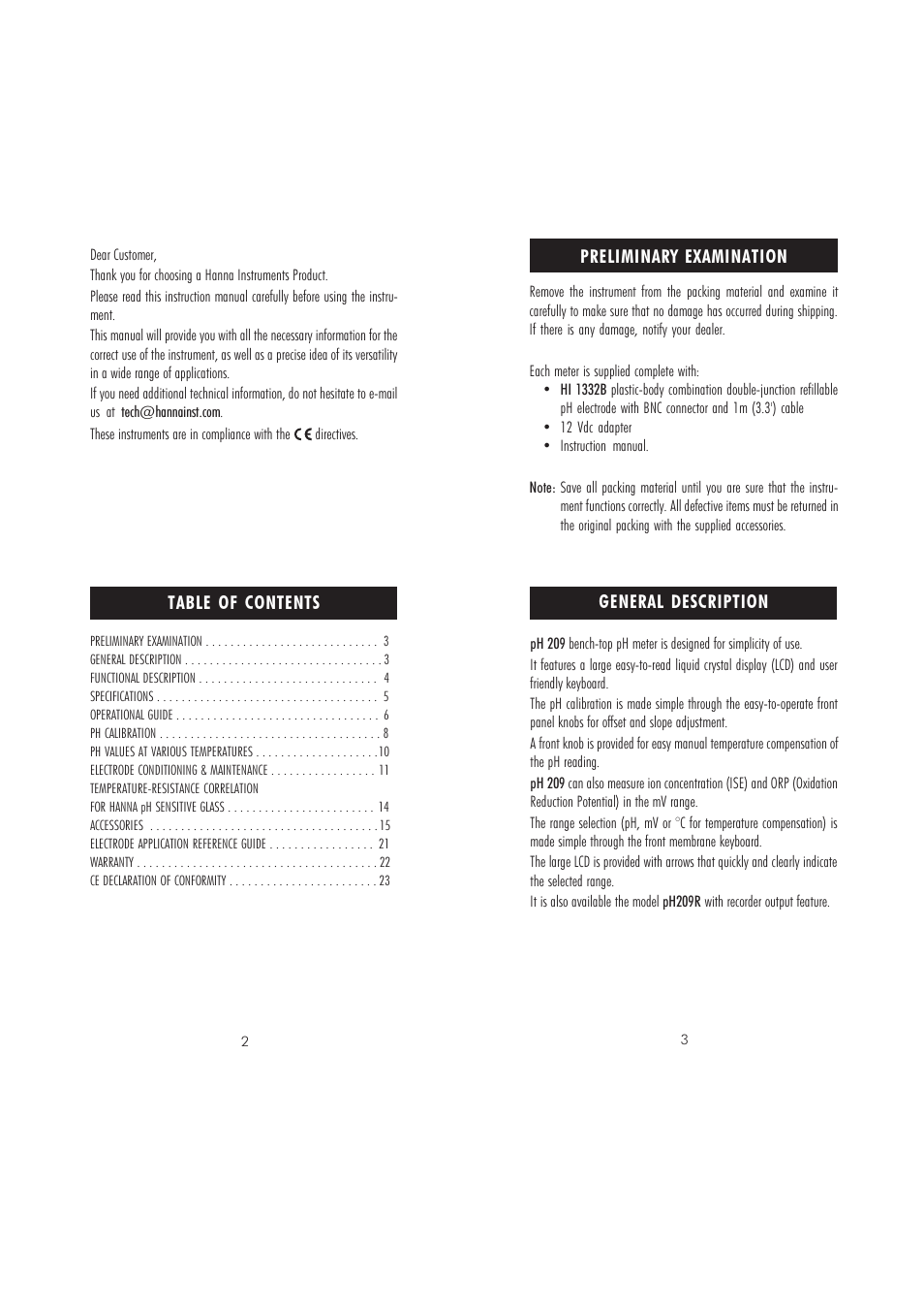 Hanna Instruments pH 209 User Manual | Page 2 / 13