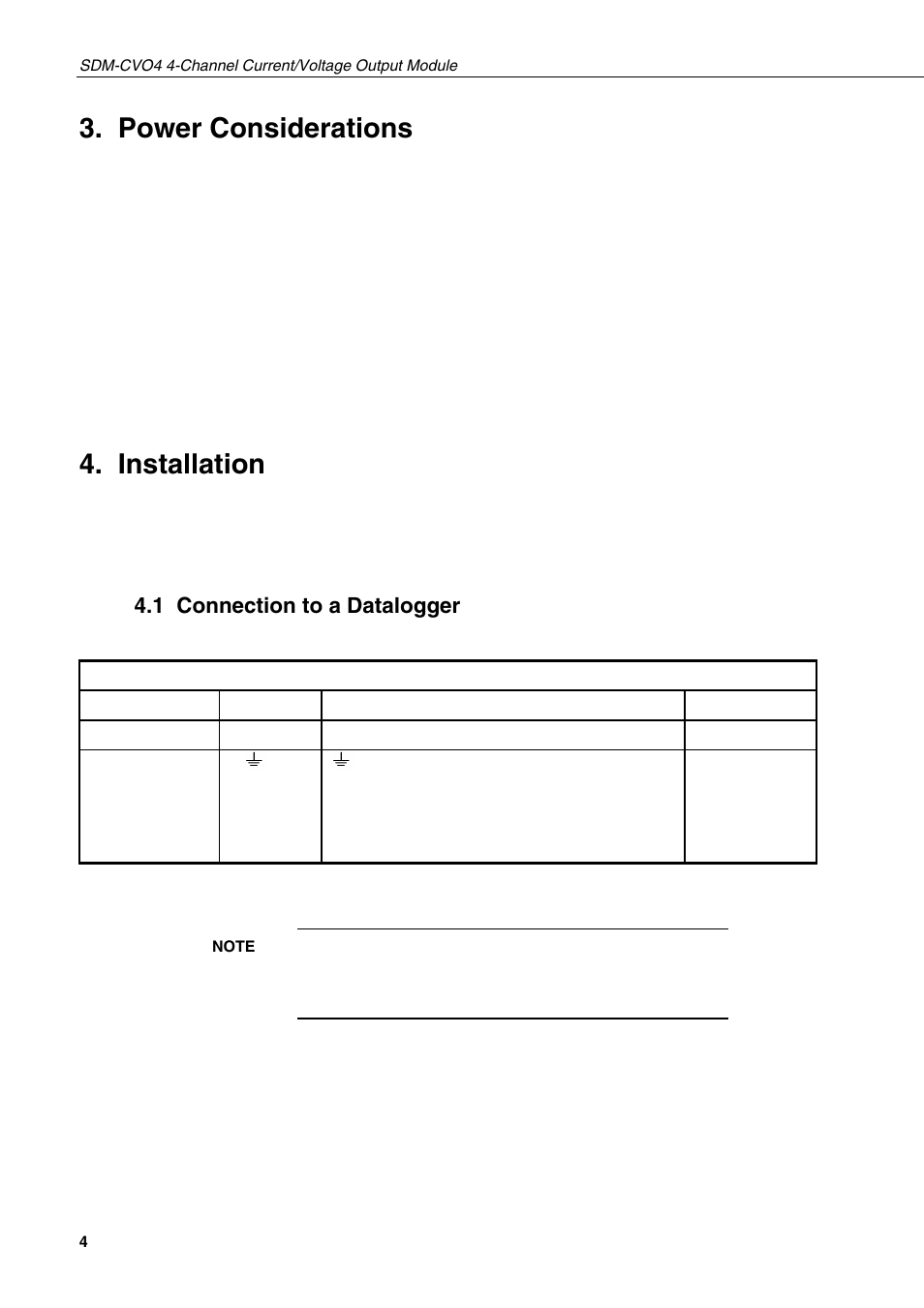 Power considerations, Installation, 1 connection to a datalogger | Campbell Hausfeld 4-Channel Current/Voltage SDM-CVO4 User Manual | Page 10 / 30