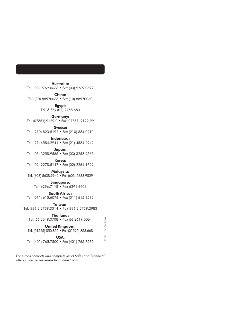 Technical service contacts | Hanna Instruments HI 99121 User Manual | Page 9 / 9