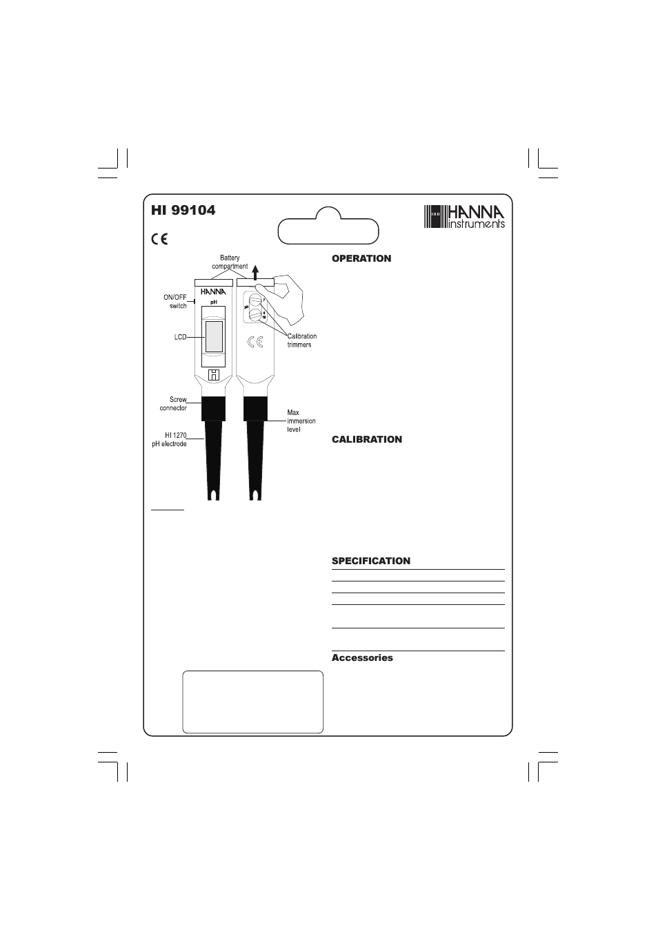 Hanna Instruments HI 99104 User Manual | 2 pages