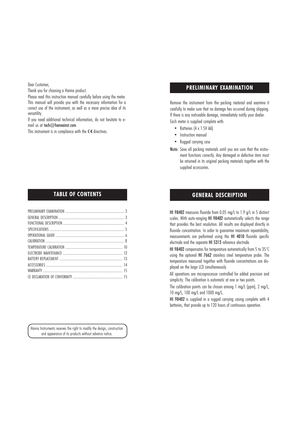 Hanna Instruments HI 98402 User Manual | Page 2 / 9