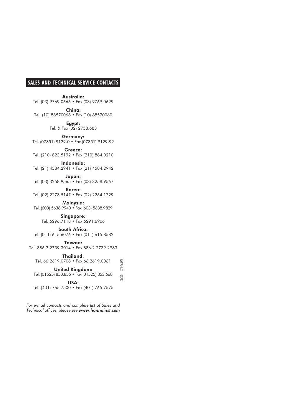 Sales and technical service contacts | Hanna Instruments HI 98402 User Manual | Page 9 / 9