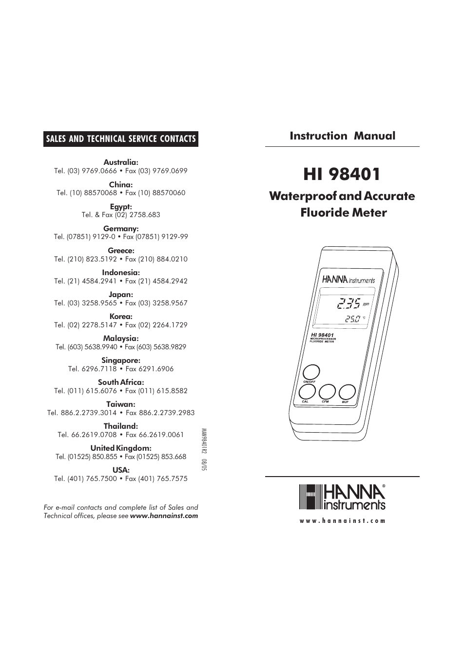 Hanna Instruments HI 98401 User Manual | 8 pages