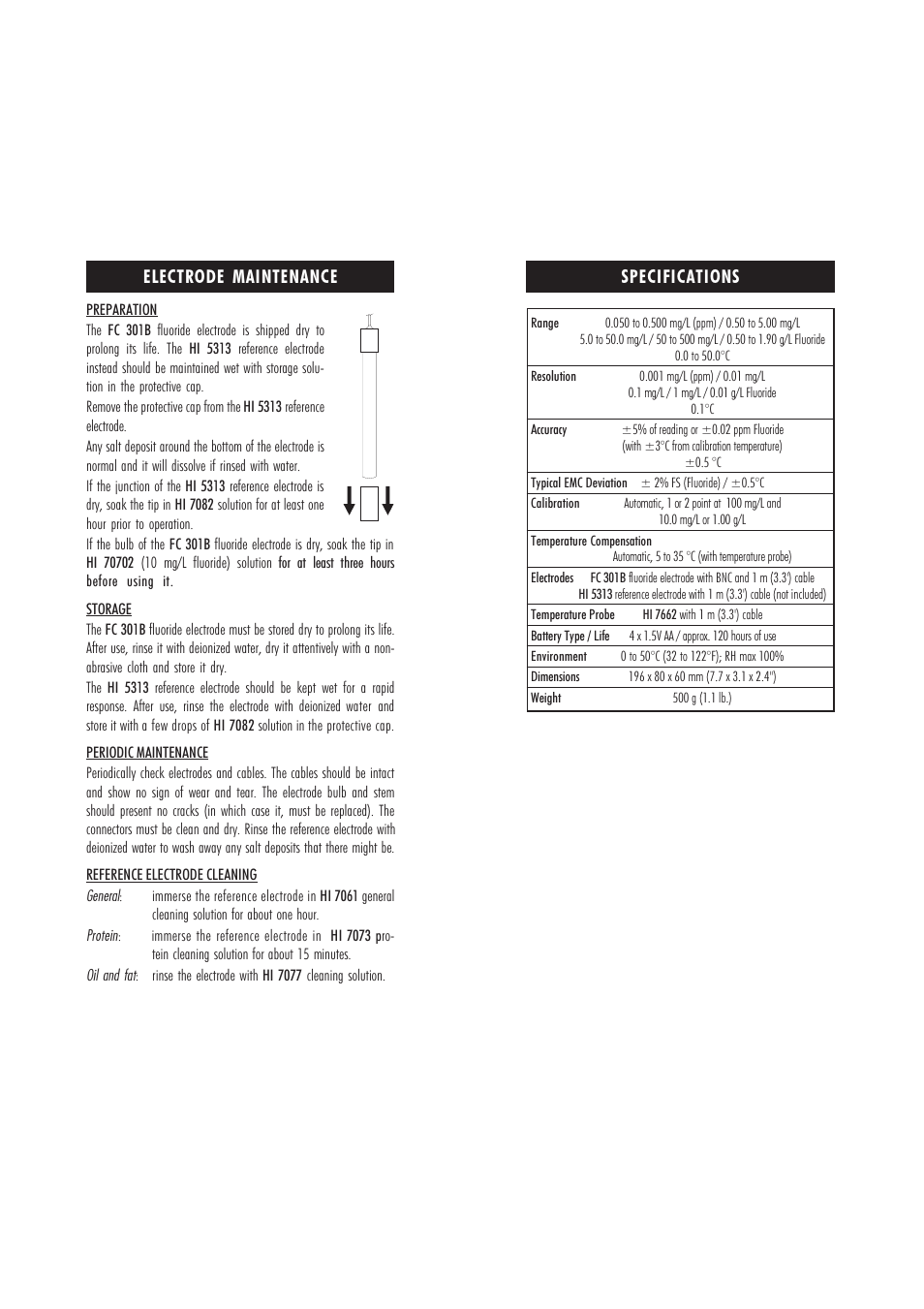 Specifications, Electrode maintenance | Hanna Instruments HI 98401 User Manual | Page 5 / 8