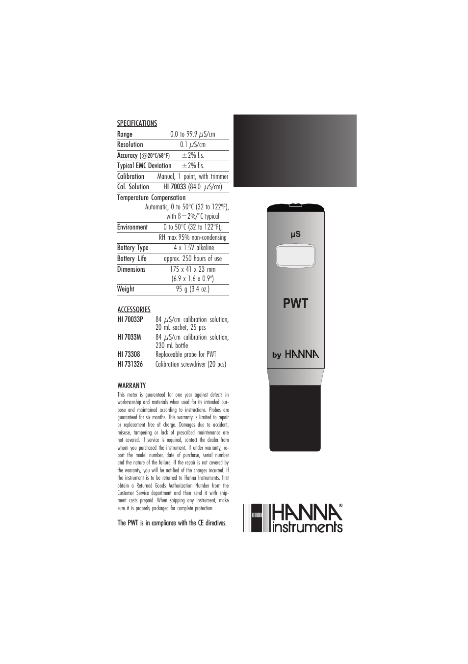 Hanna Instruments HI 98308 User Manual | 2 pages