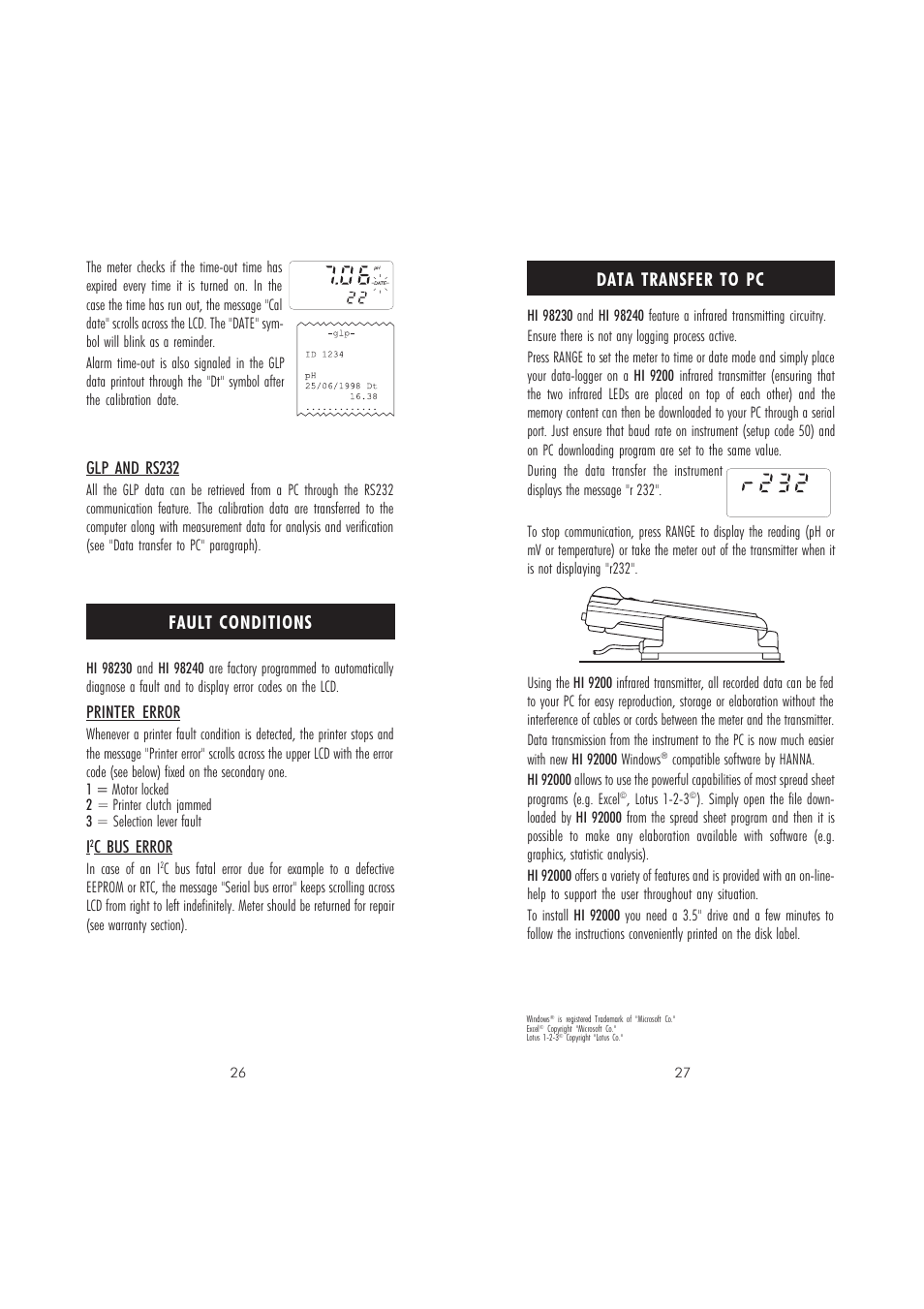 Data transfer to pc, Fault conditions, Glp and rs232 | Printer error, C bus error | Hanna Instruments HI 98230 User Manual | Page 14 / 21