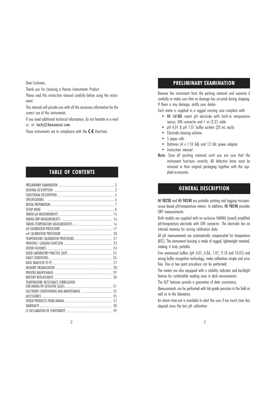 Hanna Instruments HI 98230 User Manual | Page 2 / 21