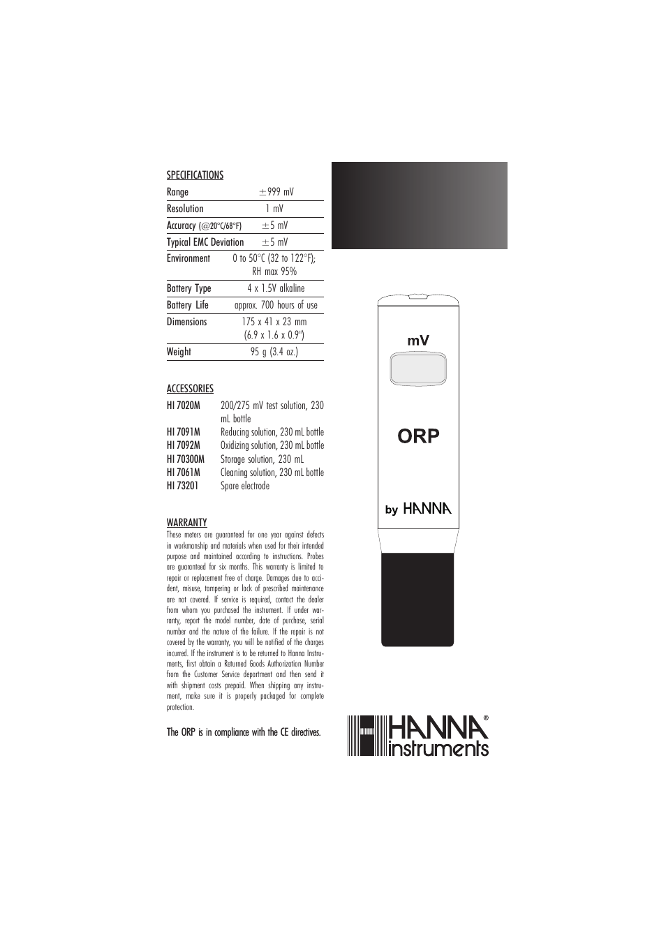 Hanna Instruments HI 98201 User Manual | 2 pages