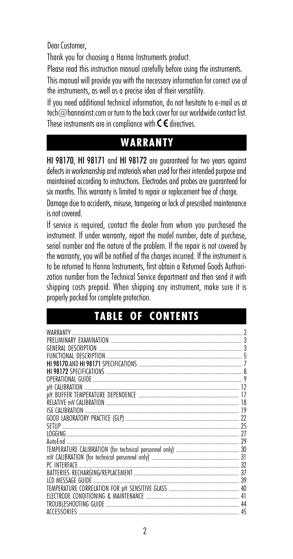 Hanna Instruments HI 98170 User Manual | Page 2 / 52