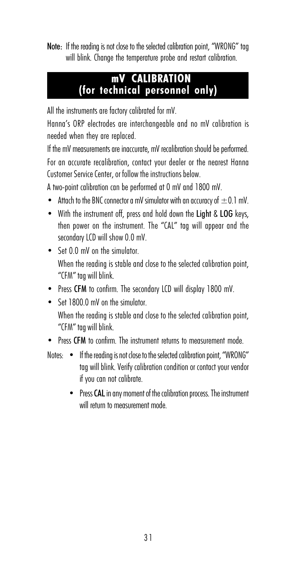 Mv calibration (for technical personnel only) | Hanna Instruments HI 98170 User Manual | Page 31 / 52