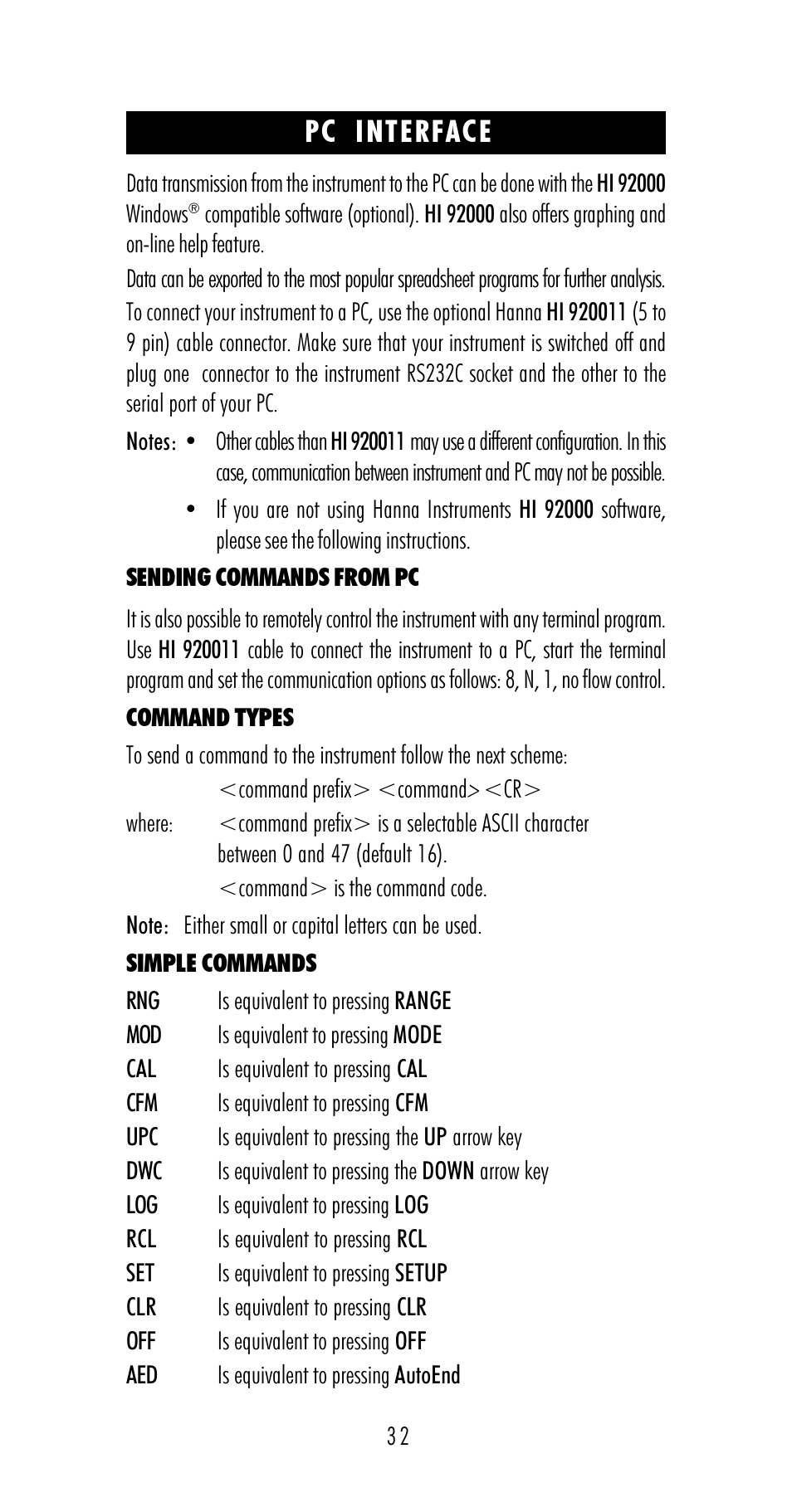 Pc interface | Hanna Instruments HI 98170 User Manual | Page 32 / 52