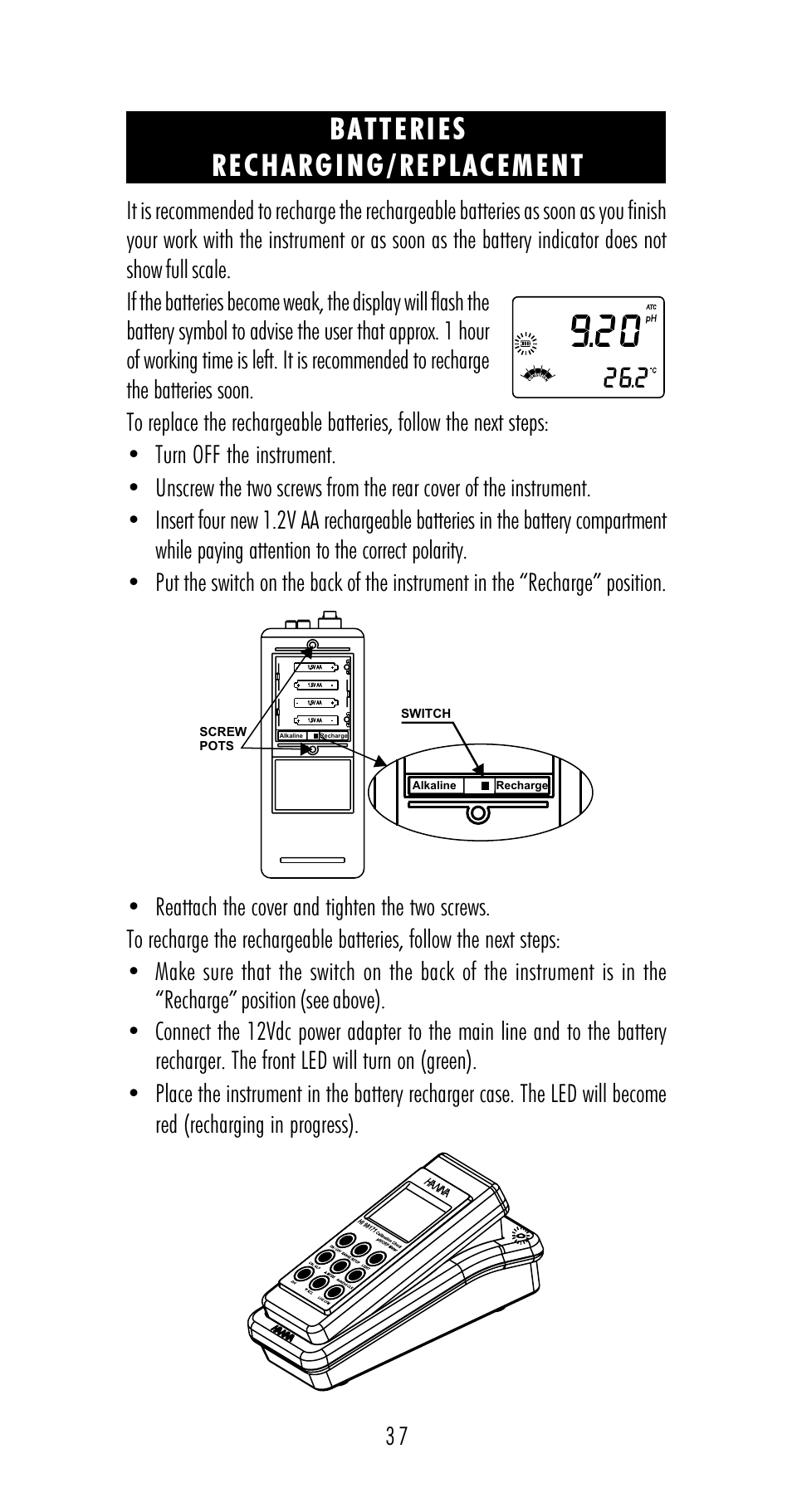 Batteries recharging/replacement | Hanna Instruments HI 98170 User Manual | Page 37 / 52