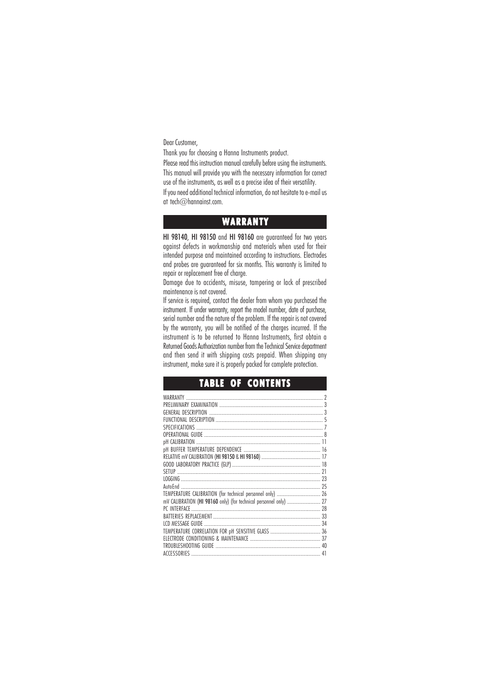 Warranty | Hanna Instruments HI 98160 User Manual | Page 2 / 48
