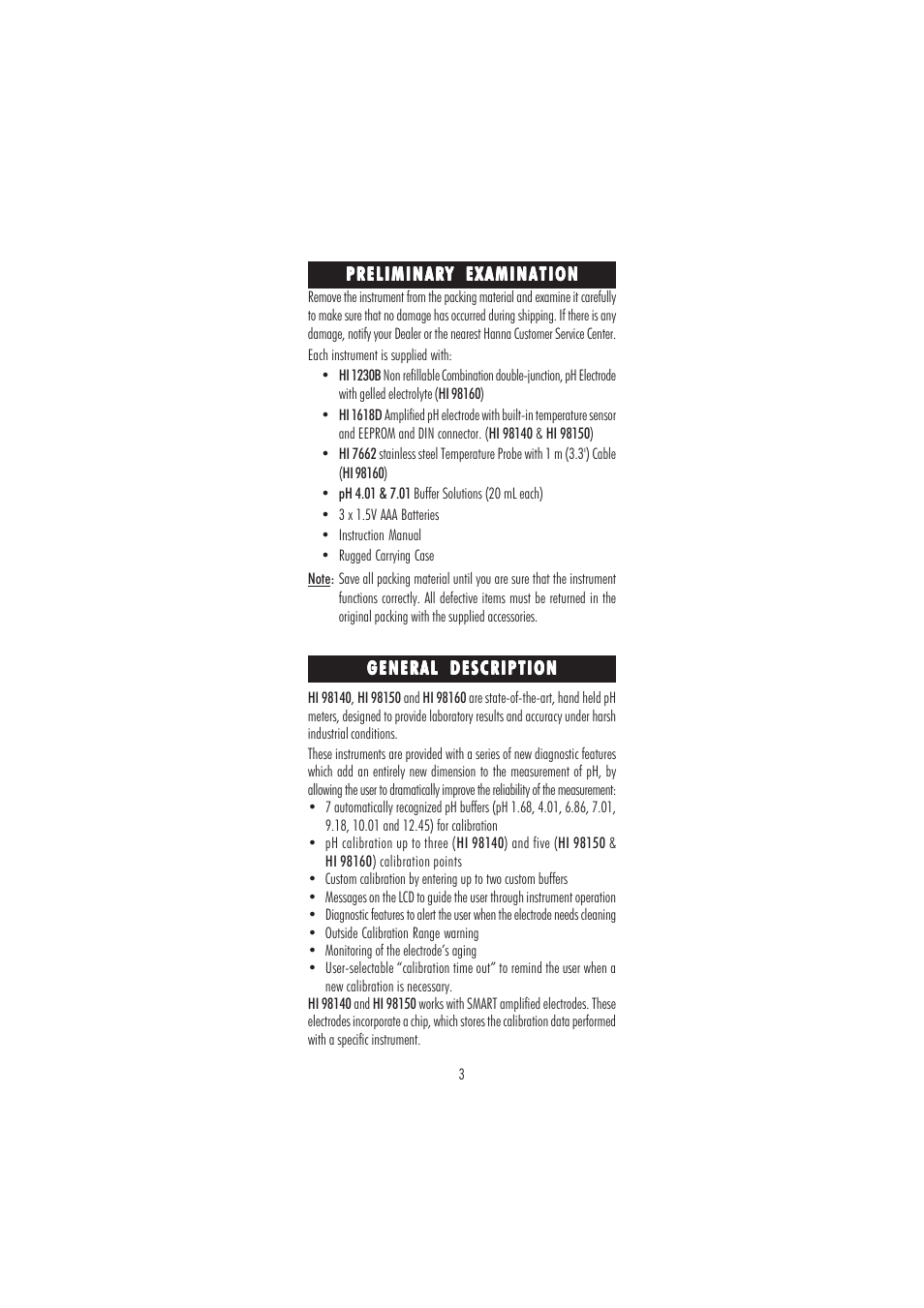 Hanna Instruments HI 98160 User Manual | Page 3 / 48