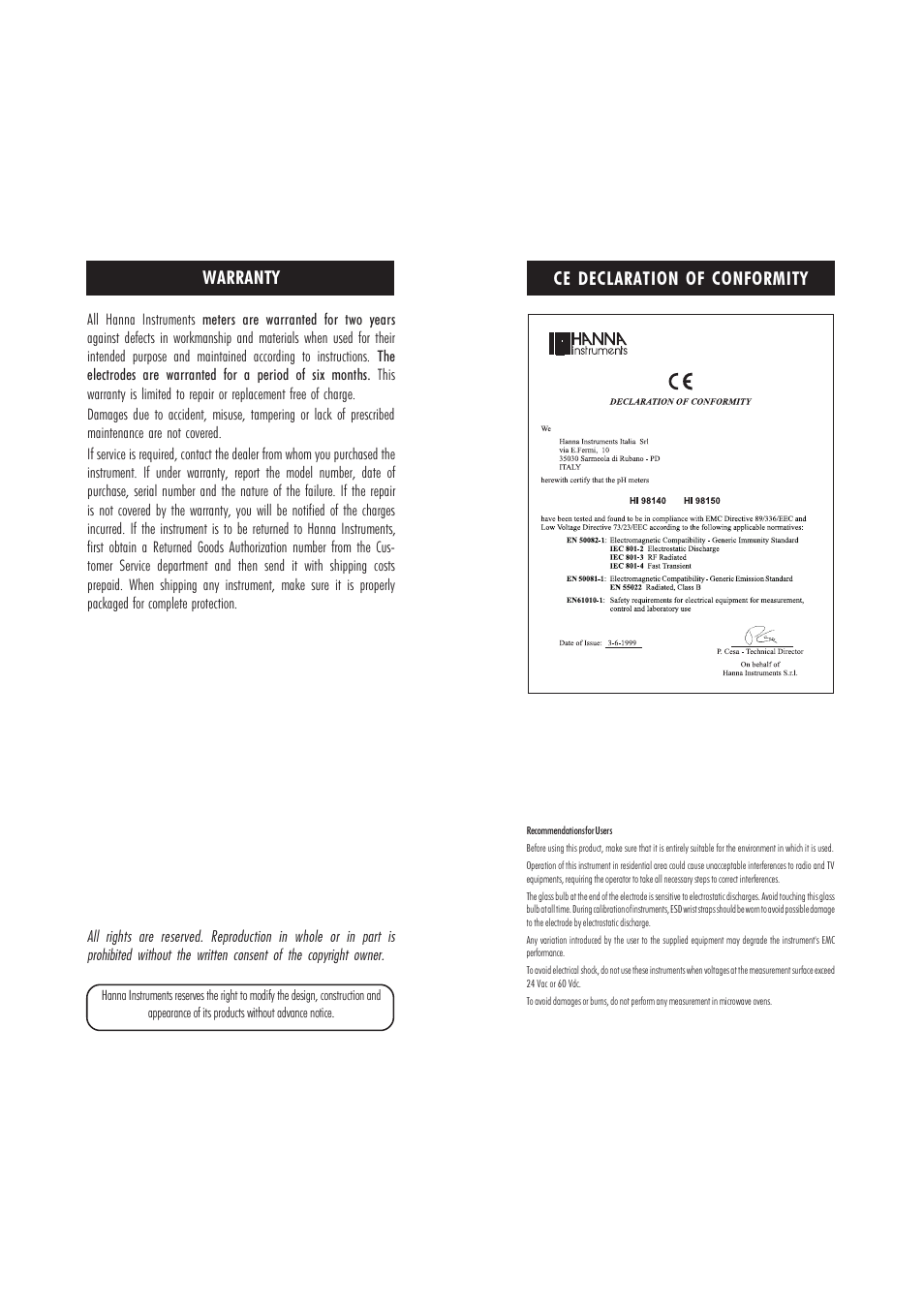 Ce declaration of conformity warranty | Hanna Instruments HI 98140 User Manual | Page 16 / 17