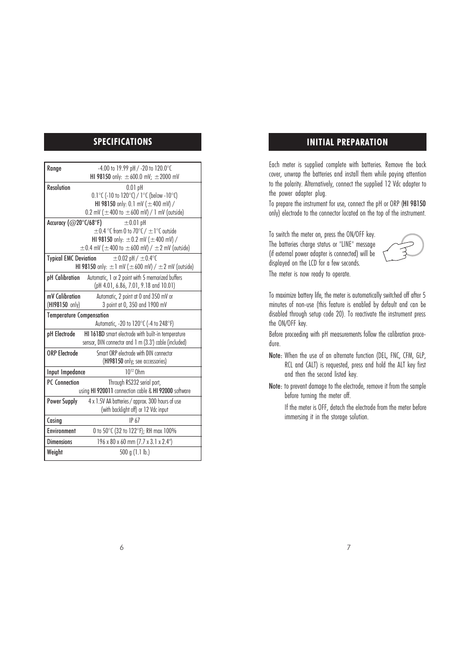 Initial preparation, Specifications | Hanna Instruments HI 98140 User Manual | Page 4 / 17
