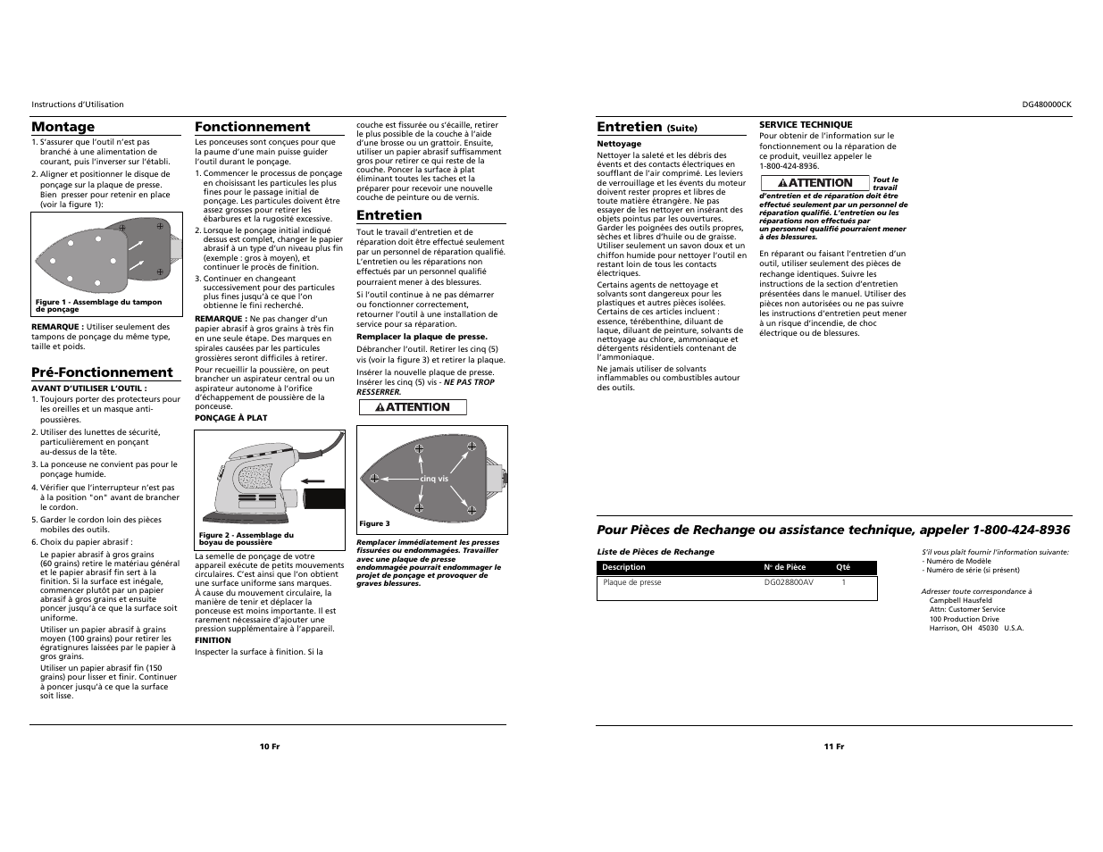 Entretien, Montage, Pré-fonctionnement | Fonctionnement | Campbell Hausfeld DG480000CK User Manual | Page 10 / 10