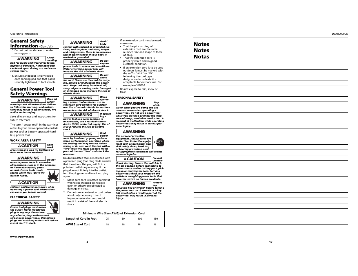 General safety information, General power tool safety warnings | Campbell Hausfeld DG480000CK User Manual | Page 2 / 10