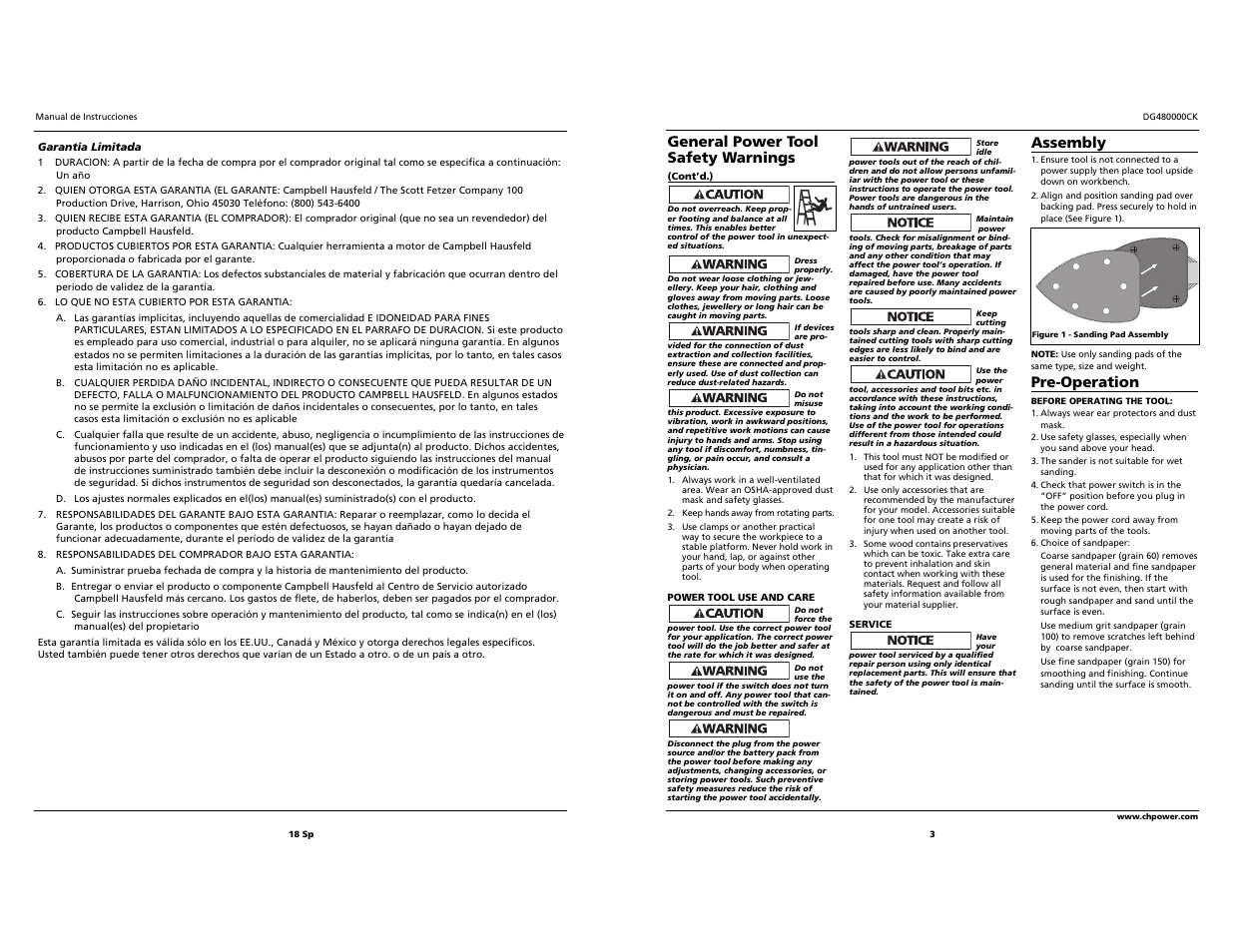 General power tool safety warnings, Assembly, Pre-operation | Campbell Hausfeld DG480000CK User Manual | Page 3 / 10