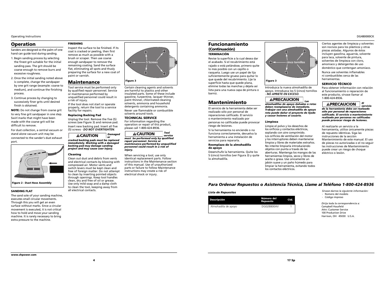 Funcionamiento, Mantenimiento, Operation | Maintenance | Campbell Hausfeld DG480000CK User Manual | Page 4 / 10