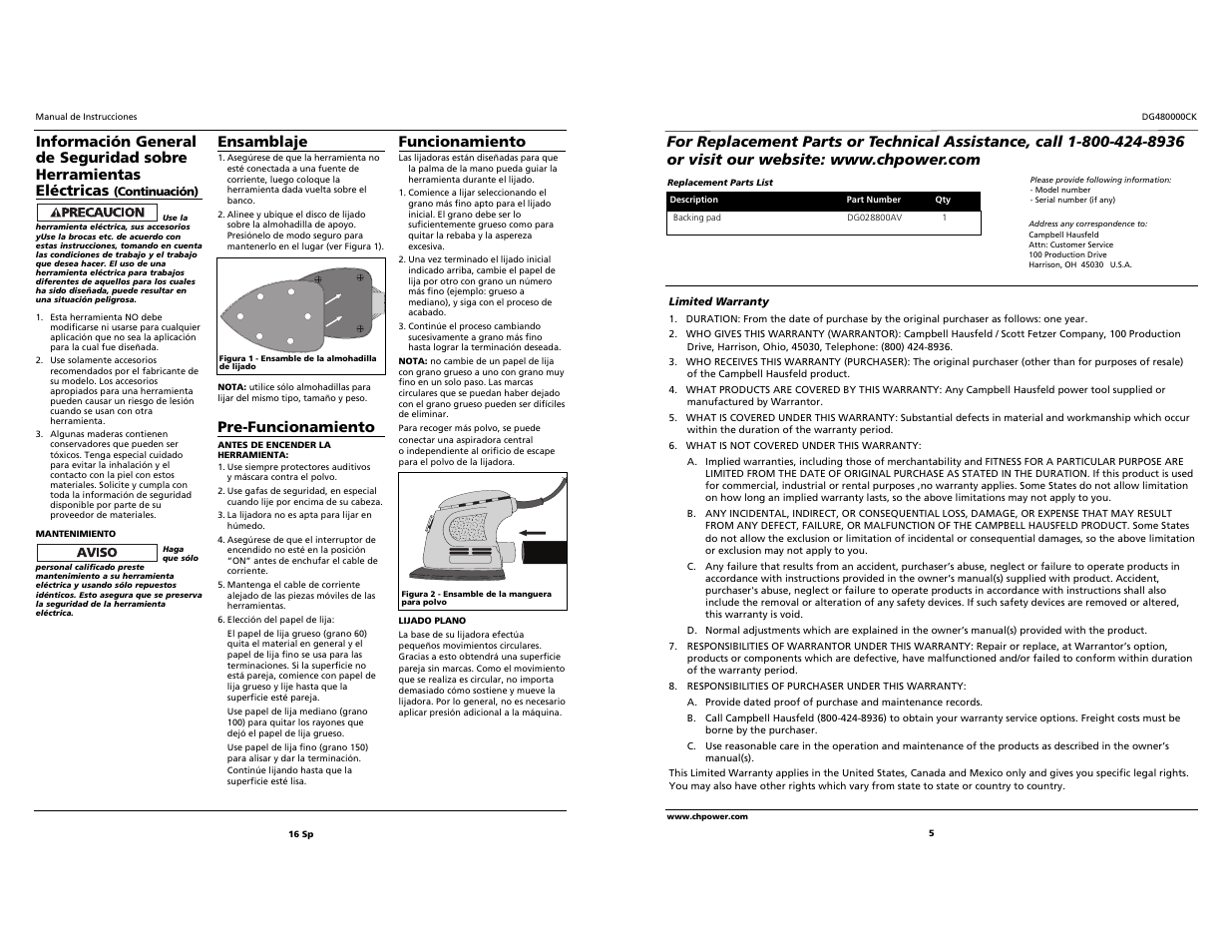 Ensamblaje, Pre-funcionamiento, Funcionamiento | Campbell Hausfeld DG480000CK User Manual | Page 5 / 10