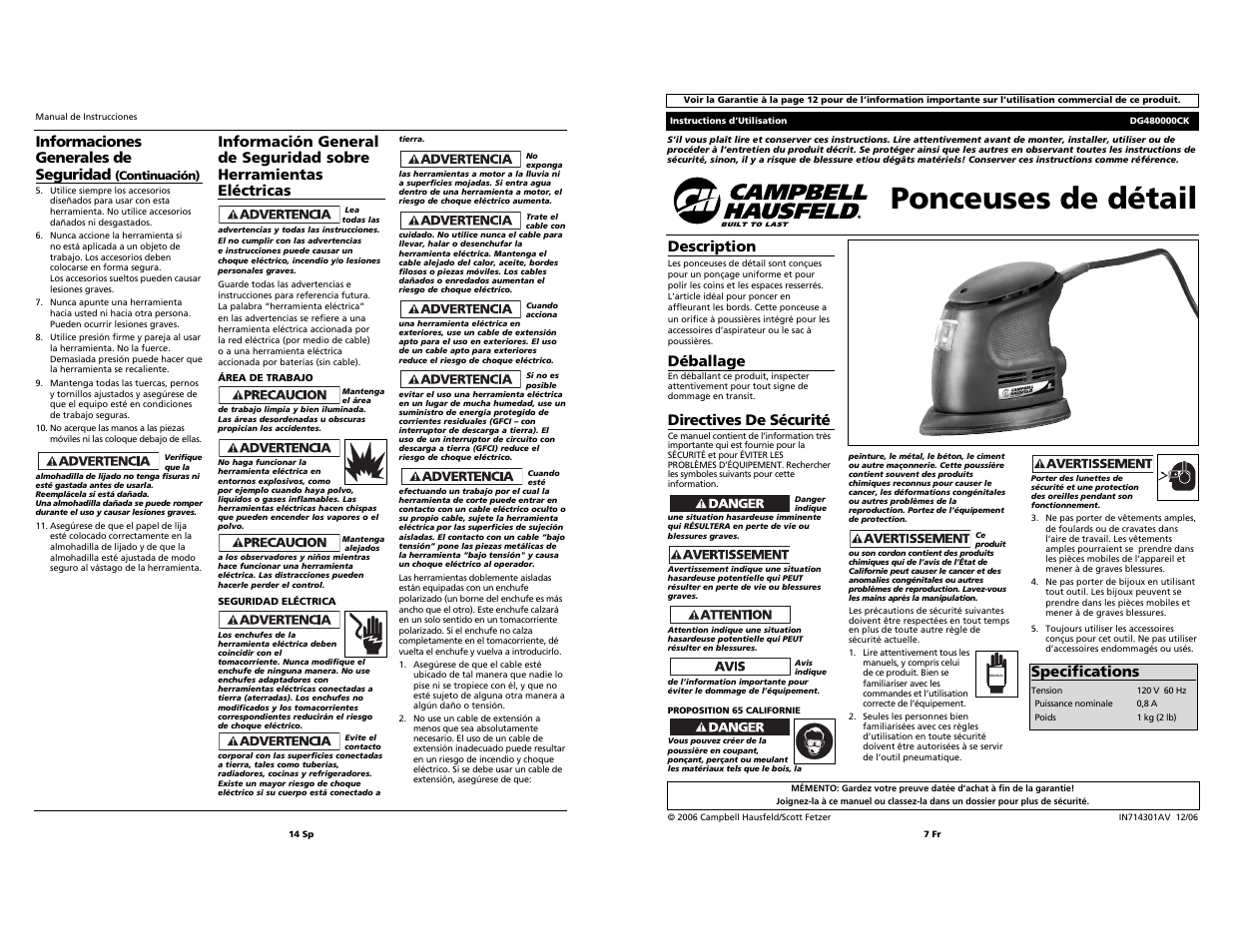 Ponceuses de détail, Informaciones generales de seguridad, Description | Déballage, Directives de sécurité, Specifications | Campbell Hausfeld DG480000CK User Manual | Page 7 / 10