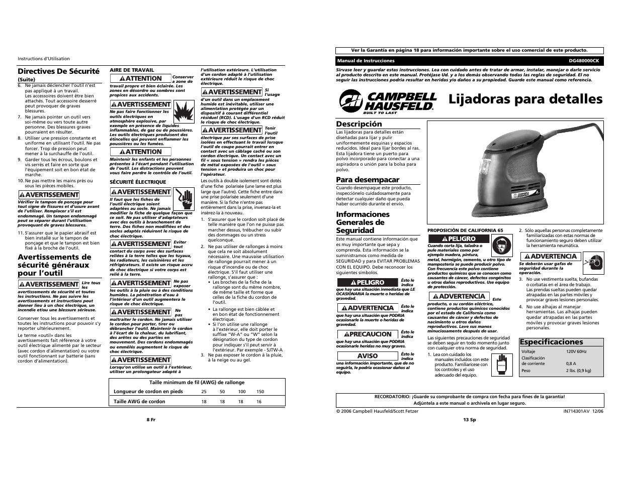 Lijadoras para detalles, Descripción, Para desempacar | Informaciones generales de seguridad, Especificaciones, Directives de sécurité, Avertissements de sécurité généraux pour l’outil | Campbell Hausfeld DG480000CK User Manual | Page 8 / 10
