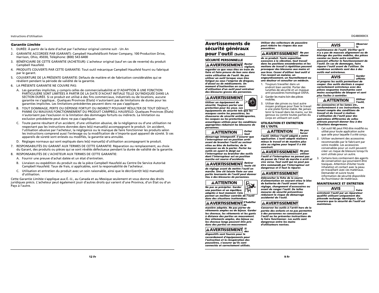 Avertissements de sécurité généraux pour l’outil | Campbell Hausfeld DG480000CK User Manual | Page 9 / 10