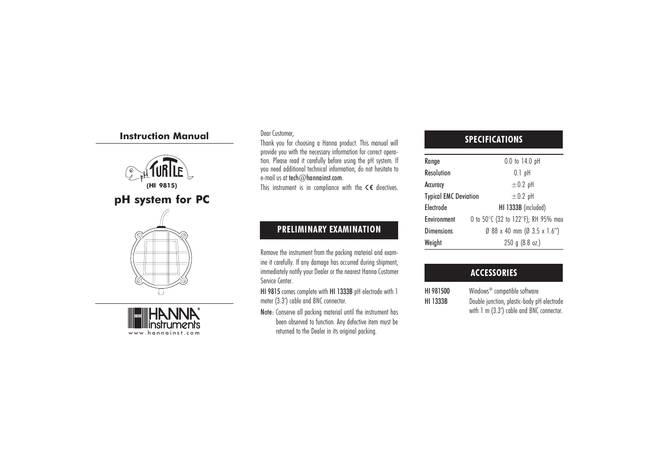 Hanna Instruments HI 9815 User Manual | 2 pages