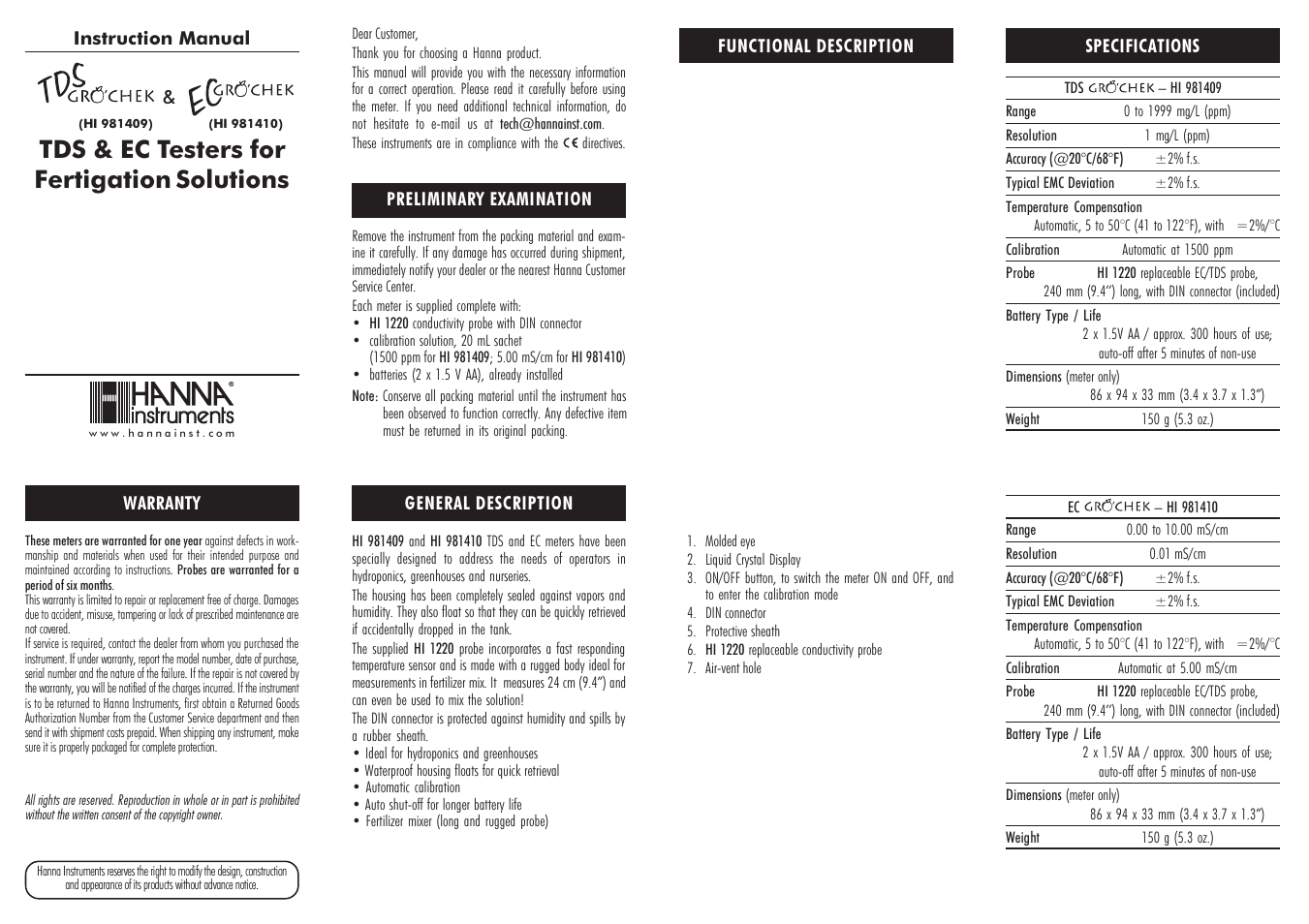 Hanna Instruments HI 981409 User Manual | 2 pages