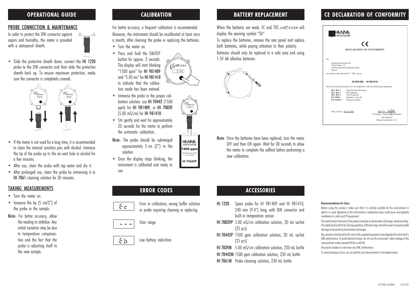 On/off, Operational guide, Calibration | Accessories, Ce declaration of conformity, Error codes battery replacement | Hanna Instruments HI 981409 User Manual | Page 2 / 2