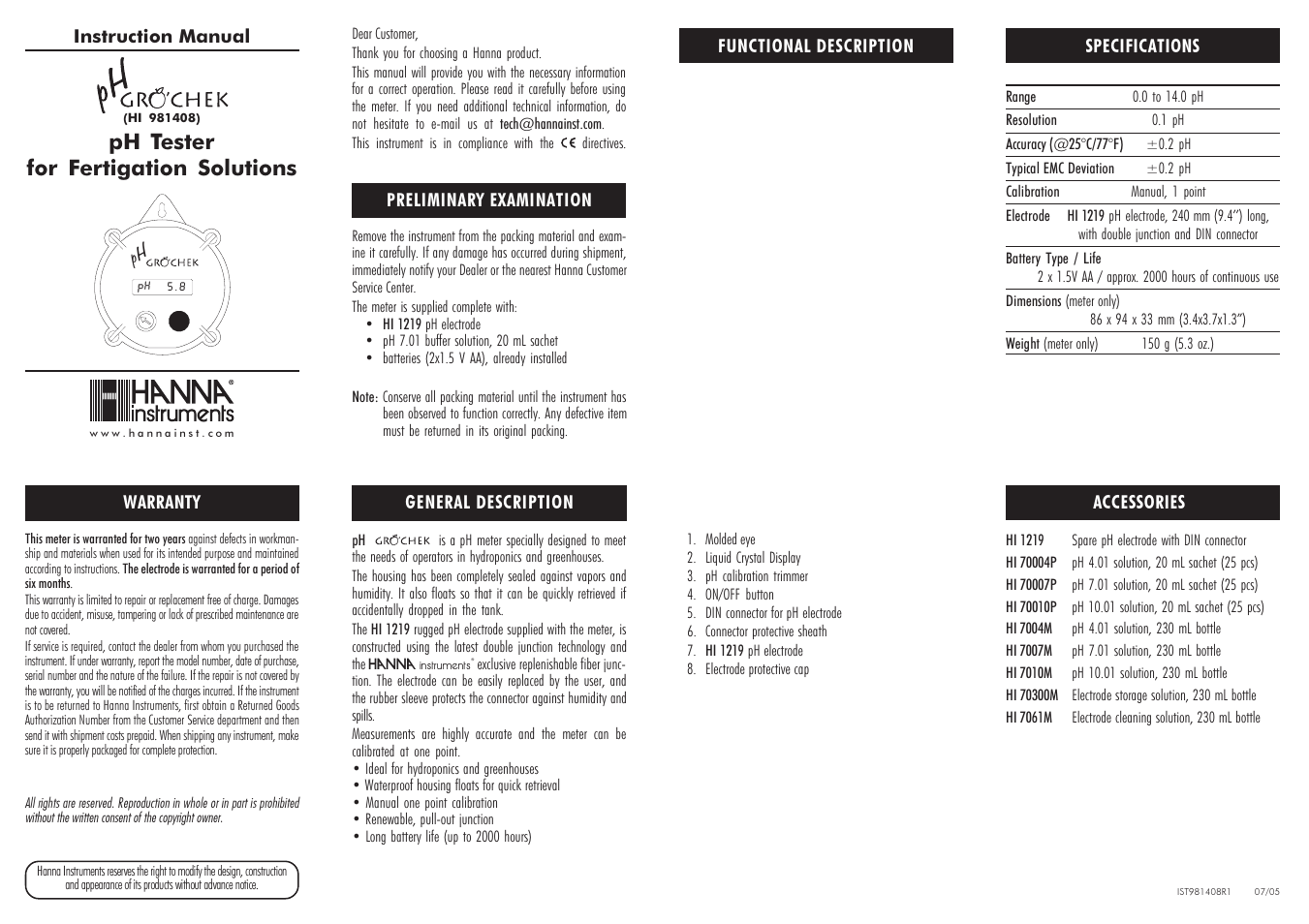 Hanna Instruments HI 981408 User Manual | 2 pages