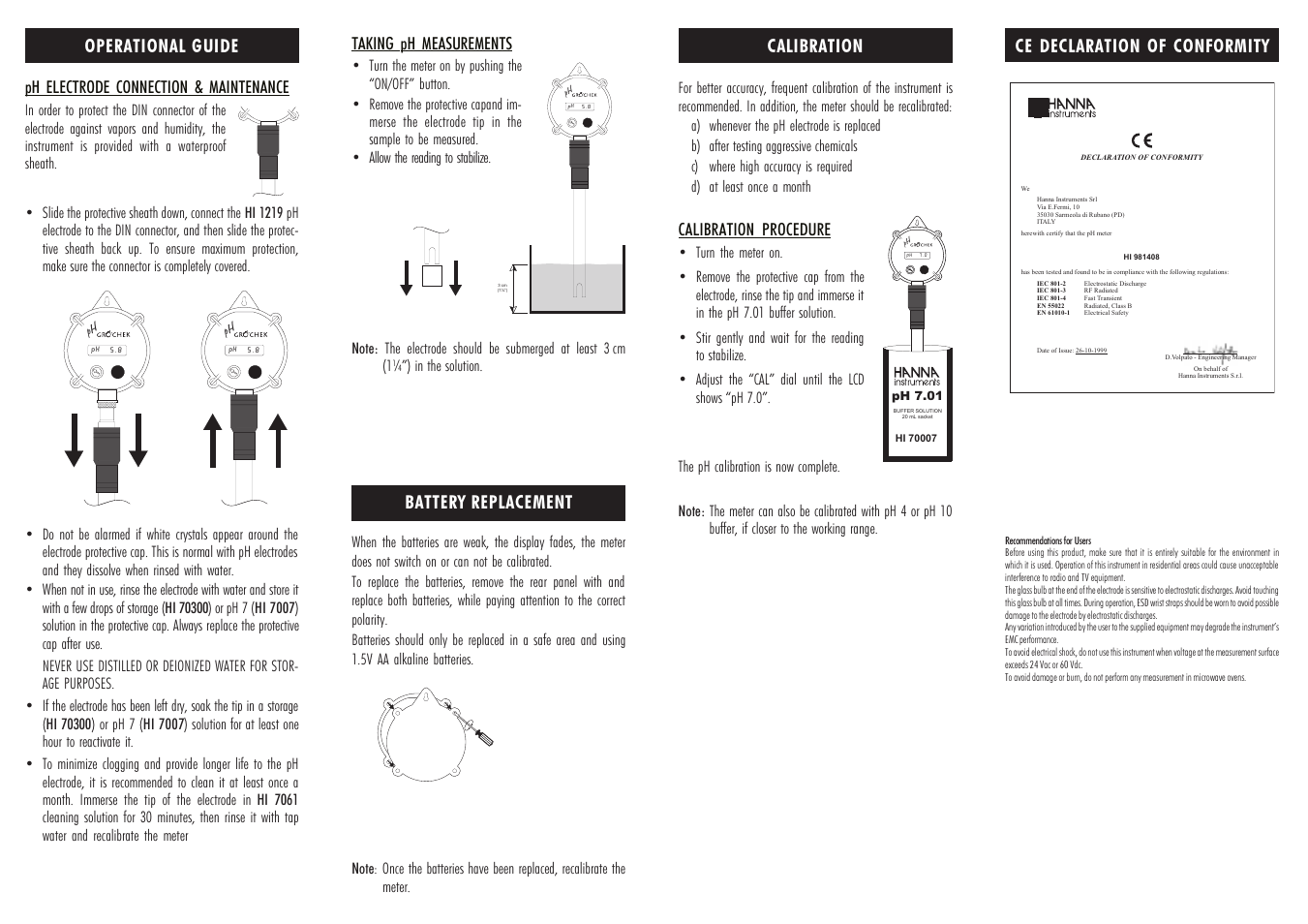 Calibration, Ce declaration of conformity, Operational guide | Battery replacement, Ph electrode connection & maintenance, Calibration procedure, Taking ph measurements | Hanna Instruments HI 981408 User Manual | Page 2 / 2
