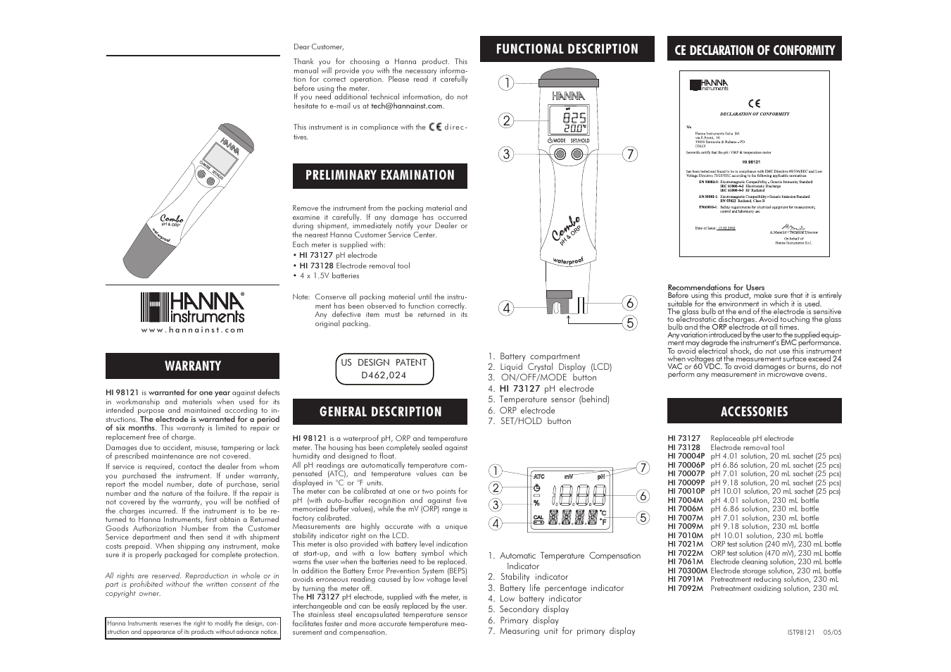 Hanna Instruments HI 98121 User Manual | 2 pages